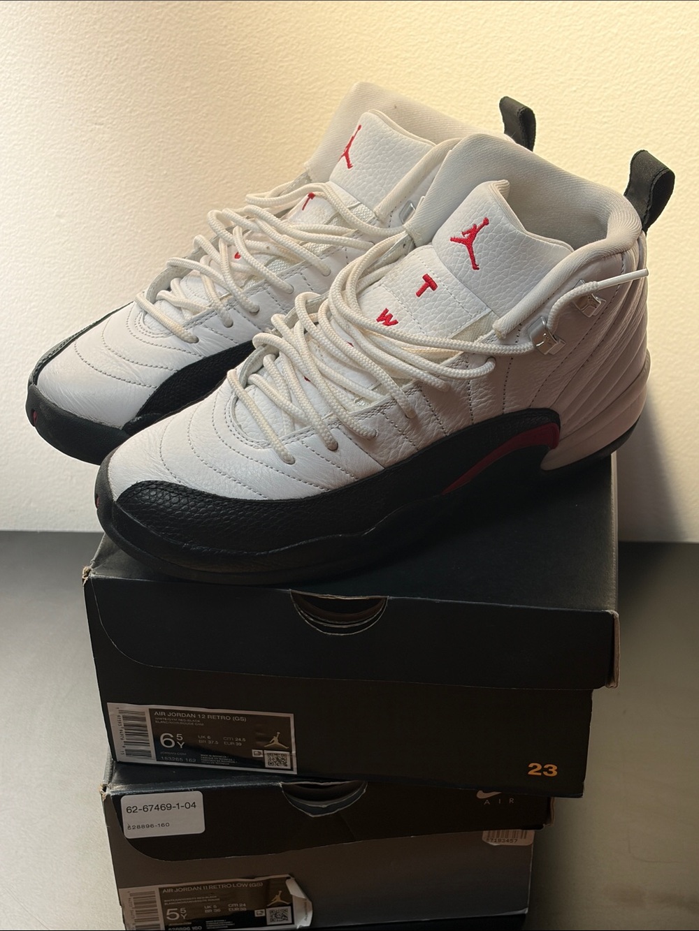 Jordan 12 gs size 6.5 White/Black/Red Retro Sneakers